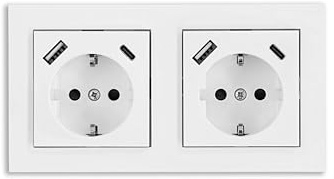 Schutzkontakt-Einbausteckdose 2-fach, jeweils mit USB-C (20W, Power Delivery 3.0) und USB-A Buchse (18W) - inkl. Doppelrahmen + 2x Zentralstück - signalweiß (RAL9003)
