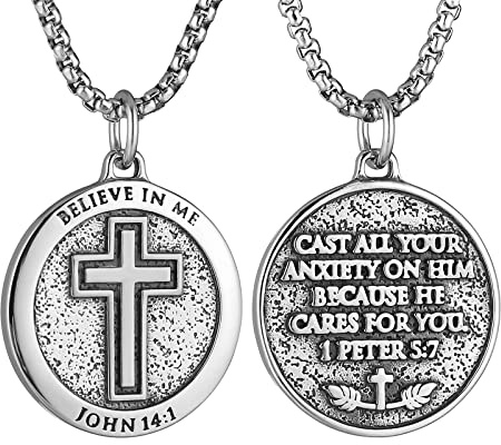 HZMAN Bible Verse Necklace for Men Women Stainless Steel Inspirational Verse Cross Round Pendant Jewelry Gift (Silver)