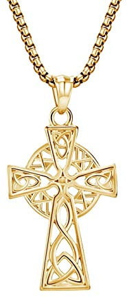 Epinki Edelstahl Herren Halskette Viking, Anhänger Vintage Hohl Kreuz Dreieck Keltischer Knoten Erbskette, Gold Kette für Männer Schmuck 60CM
