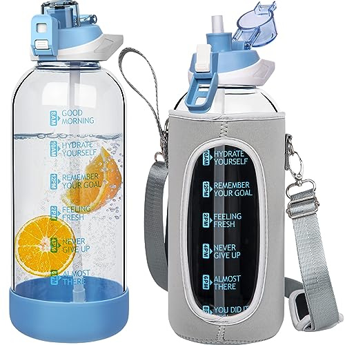 Seekua 2l Sport Trinkflasche Glas Flasche mit Strohhalm & Zeitmarkierung auslaufsicher bpa frei 2 liter Große Wasserflasche Motivation mit Schutzhülle für Smoothie, Früchte Kohlensäure geeignet