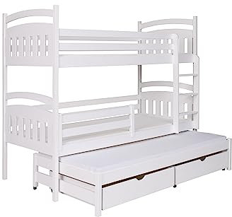 KEF Maja Etagenbett Kinder 80x180 cm - Etagenbett 3 Personen - Holz Kinderbett - für DREI Kinder - mit Schubladen - Ausziehbares Drittes Bett - mit Matratze - Weiß