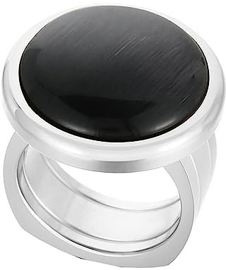 Daesar Ring Damen Personalisiert, Edelstahl Ringe Breit mit Schwarz Stein Siegelring Verlobung Ring für Frauen Silber Große 52 (16.6)