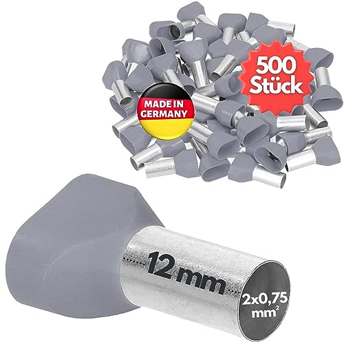 Kalitec 500x Terminali Isolati 2 x 0,75 mm² - Capicorda Gemelli Grigio | Lunghezza 12 mm, rame stagnato UL, per cavi elettrici e motori, qualità industriale Made in Germany, colore grigio