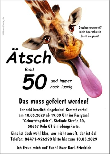 Lustige Einladungen zum Geburtstag Erwachsene, Mann Frau - für jedes Alter | 40 50 60 70, Giraffe mit Spruch. 20 Karten