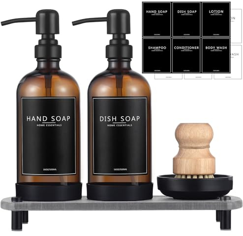 NEECZS Kitchen Soap Dispenser Set with Instant Dry Tray,16 Oz Hand and Dish Soap Amber Glass Dispenser Set,Stainless Steel Pump,Waterproof Labels&Dish Brush,Luxury Soap Bottle for Kitchen,Bathroom