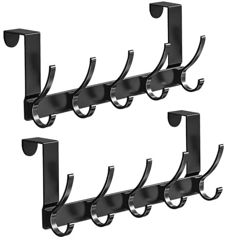 Meff-Mluk 2 Pack Over Door Hanger, Over The Door Hooks, Heavy Duty Stainless Steel Door Hanger Hooks with Rust Resistant Finish, 5 Hooks for Coats, Hats, Bags, Clothes, Towels (Black)