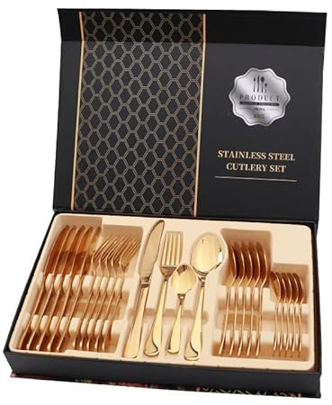 Ensemble de Couverts en Acier Inoxydable Brillant, 24 Pièces, Couteau à Steak, Fourchette, Cuillère pour Restaurant (Doré)