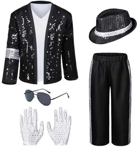 Dance Star Kids Costume for Boys 80s 90s Pop Stage Cosplay Party Halloween Role Play Black 6-8 Years