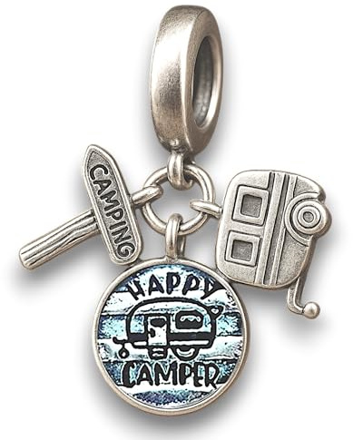 Camping Camper Love Caravan Campingwagen Urlaub Campingplatz Zeltplatz Reise Ferien Happy Reisebus - Charm 925 Silber Armband Anhänger Schmuck Sterlingsilber Zubehör Box + Poliertuch und Beutel