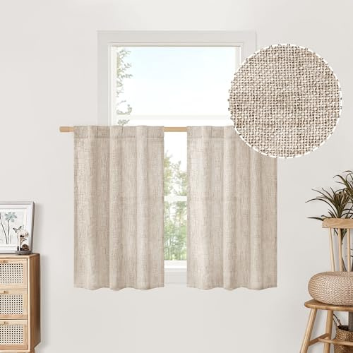 BGment Small Linen Curtains 36 Inch Length for Kitchen Cafe Window, Half Drapes Semi Sheer with Rod Pocket Back Tab Light Filtering for Bathroom, 2 Panels, 29 Inch Wide Each Panel