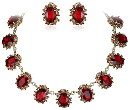 Clearine Victorian Style Statement Necklace Pierced Earrings Jewellery Set for Women Crystal Floral Cameo Inspired Oval Party Prom Jewelry Ruby Antique-Gold-Tone