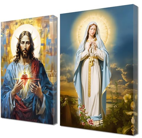 ZQQART Leinwandbild Jesus und Jungfrau Maria 2 teilig Heiliges Herz Jesu und Jungfrau Maria Gemälde Jesus Poster Kreuz Bibel Taube christliches Bild religiöses Dekor (C,30x40cmx2)
