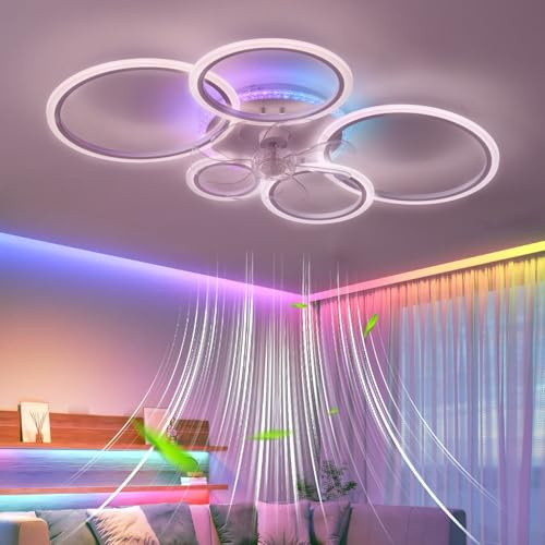 Caufloce 95cm RGB Deckenleuchte Mit Ventilator Groß Dimmbar, Reversibel Deckenleuchte Mit Ventilator Und Fernbedienung App, Modern Deckenventilator Mit Beleuchtung 72w Wohnzimmer Leise Timer
