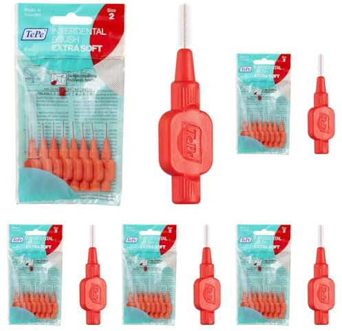 TePe Interdentalbürsten Extra Soft Rot (ISO Größe 2: 0,5 mm) / Für eine besonders sanfte & effiziente Reinigung der Zahnzwischenräume / 1 x 8 Interdentalbürsten (Packung mit 5)