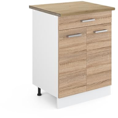 Vicco Küchenunterschrank R-Line, Sonoma, 60 cm | 1 Schublade · AP Eiche inkl. · Höhenverstellbare Füße · 2 Türen · ✓ Leichter Zugriff