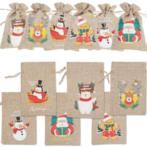 24Stück Weihnachts-Burlap-Jute-Geschenktüten mit Zugbändern Kleine Jute-Behandlungspartytüten für Weihnachts-Partygeschenke