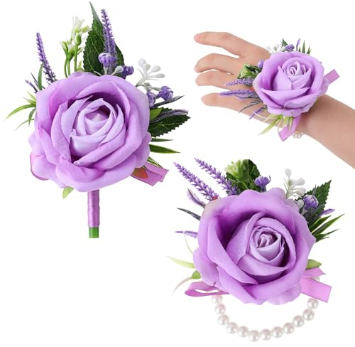 Styquenzer 2 Stück Blume Handgelenk Corsage Boutonniere Set Rose Lila Handblume Handgelenk Corsage und Herren Ansteckblume Hochzeit Blumen Accessoires für Hochzeiten Abschlussbälle Brautpartys