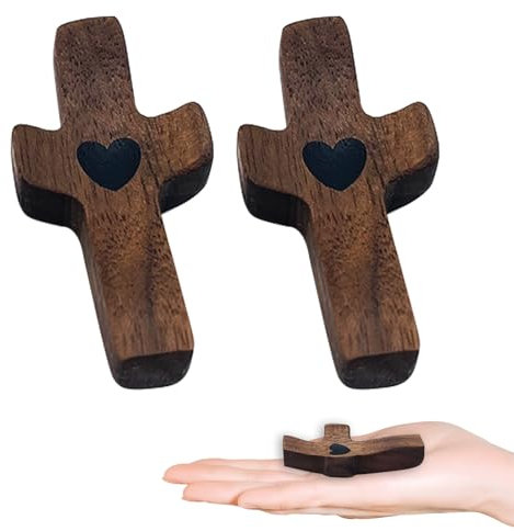 XQMMGO 2 Stück Geschnitztes Holzkreuz, Wandbehang, Handgeschnitztes Liebeskreuz aus Holz mit Herzen, Trostkreuz Zum Umklammern, für Taufe Kommunion Andachtsgebete