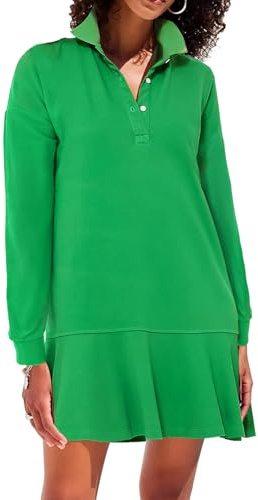 YEXPINE Women's Polo Dress Long Sleeve Collared V-Neck Ruffle Hem Mini Dresses for 2026 Spring Green