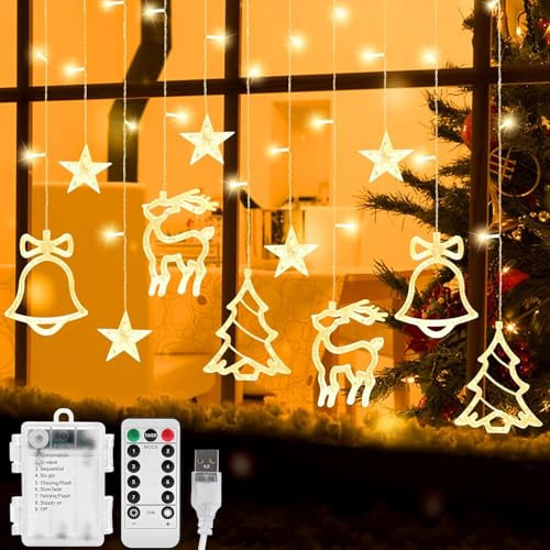 Annefly 138LED 3.5M Christmas Curtain Lights LED Christmas Window String Lights 8 Modes Battery and USB Operated Waterproof Fairy Lights Party Garden Bedroom Decoration