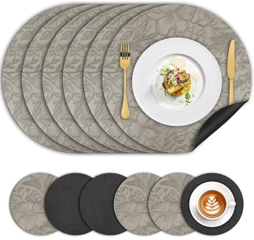 Tischsets Abwaschbar und Untersetzer, Doppelseitigen Platzset Rund Ø 34cm 6er Set rutschfest Lederoptik Blumen Platzsets Abwischbar Platzdeckchen Leder Kunstleder Tischset für Speisetisch,Grau Schwarz