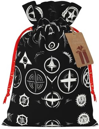 HJLUUFT Geschenktüte mit Supernatural-Symbolen, schwarzer Druck, mit Kordelzug und Geschenkanhänger, Jutebeutel, Hochzeit, Weihnachten, Partyzubehör