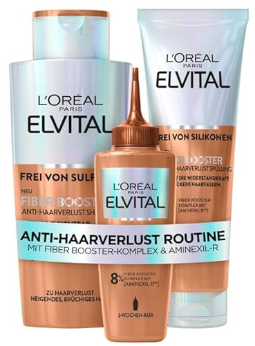 L'Oréal Paris Fiber Booster Anti-Haarverlust Routine langes Haar, Shampoo, Spülung & Serum für volleres Haar, Gegen Haarausfall, Weniger Haarbruch, Elvital, Shampoo + Serum + Spülung