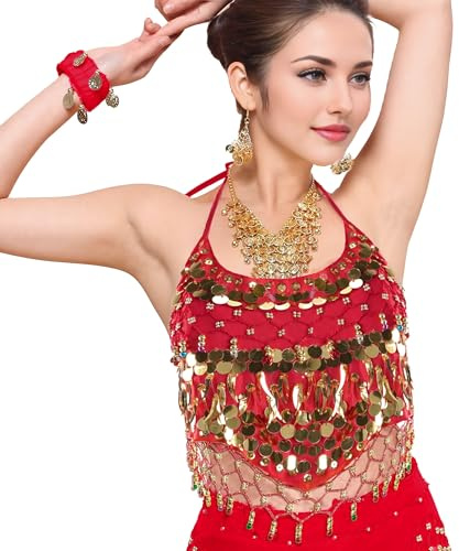 MUNAFIE Haut de danse du ventre, costume de danse du ventre, sans manches, haut à paillettes, haut de danse pour femme, rouge, taille unique