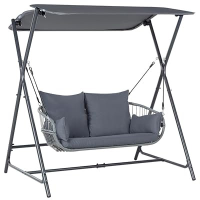 Beliani Modern Outdoor Swing PE Seat Polyester with Canopy Steel Frame Dark Grey Fiastra
