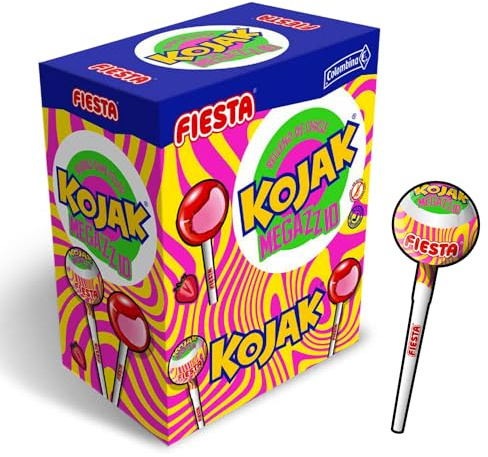 FIESTA Piruleta de goma de mascar Kojak Megazzid Caja de 100 Sabor a fresa ácida Kojak Súper ácida