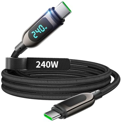VisionSync Câble USB C vers USB C 240W, 4ft, Noir | Câble de charge rapide Type C en nylon tressé avec affichage LED pour iPhone 17/16 Pro Max, Samsung S26/S25 Ultra, MacBook, i