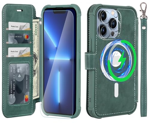 VANAVAGY Wallet Case for iPhone 13 Pro for Magsafe,Forest green | PU Leather Flip,Slim,12ft Drop Protection,RFID Blocking Card Holder,Magsafe Wireless Charging,Includes Screen Protector