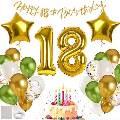 MIEWAA Deko 18. Geburtstag Junge, 18er Geburtstag Luftballon Mädchen, Geburtstagsdeko 18 Jahr mit 18th Happy Birthday Banner, Groß Zahl 18 und Stern Folienballon, Latex Konfetti Ballon Grün-Gold-Weiß