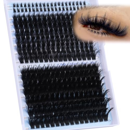 Dicke Cluster-Wimpern mit unterer Wimpern, 160D + 260D, einzelne Wimpern mit Spikes, Volumenwimpern, individuell, Cluster Wispy, 12–22 mm lang, Tatti-Lash-Cluster, Mega Full Look, stachelige Wimpern