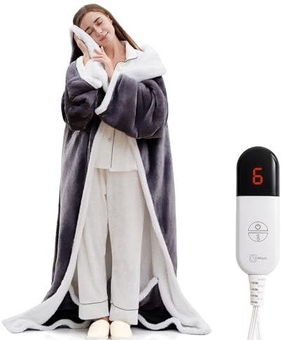 YILOTE Electric Blanket Wearable Throw - Robe with Sleeves and Foot Pockets - 7-Level Heating Auto-Off Blanket for Adults