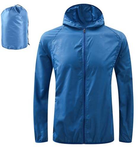 JiaYouLC Veste imperméable légère sans poche pour femme - Veste de pluie à capuche dans un sac - Protection solaire - Coupe-vent, bleu, L