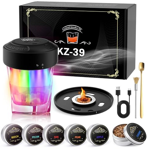 Electric Whiskey Smoker Kit Built-in Lighter with 7 Colorful Lights, Flameless Rechargeable Electric Cocktail Smoker kit with 6 Wood Chips – Premium Cocktail Accessories Gift Set for Men, Husband, Dad