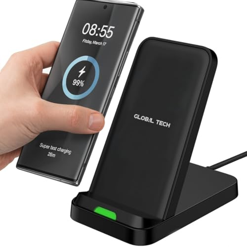 GLOBAL TECH Wireless Charger for Samsung and iPhone, 15W Fast Wireless Charging Stand for Samsung Galaxy S25 Ultra S24 S23 S22 S21 S20 S10 | Note 20 10 9 | Z Flip Fold 7 6 5 4 | iPhone 17 16 15 14 13