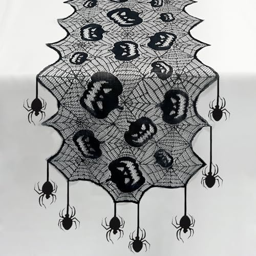 Halloween Tischdeko Set, Halloween Tischläufer Spinnennetze Kürbisse-Muster 180x40 cm, 12 Spinnen Filz Anhänger Deko, Schwarz Tischläufer Spitze für Horror-Party, Mottoparty