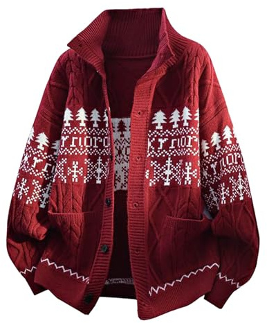 Genérico Suéter Navideño de Hombre Rever Noruego Chaqueta de Punto con Botones y Motivo Navideño Suéter Cálido de Navidad Chaqueta Feo de Invierno Abrigo de Forro Polar para Navidad