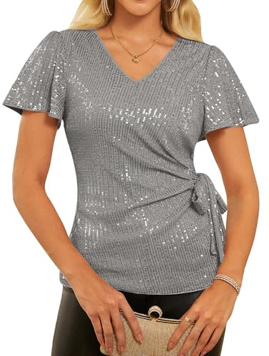 GRACE KARIN Women's Sequin Tops Sparkly Party Blouse V-Neck Tie-Waist Tunic Glitter Shirt for Cocktail Evening