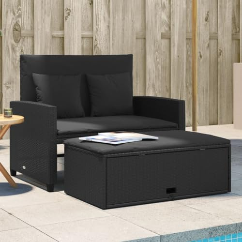 QJBSAVVA Gartensofa 2-Sitzer Schwarz 115x75x91 cm aus robustem PE-Rattan mit abnehmbaren Stoffkissen Hocker mit Stauraum platzsparende Outdoor Couch für Balkon Terrasse und Garten