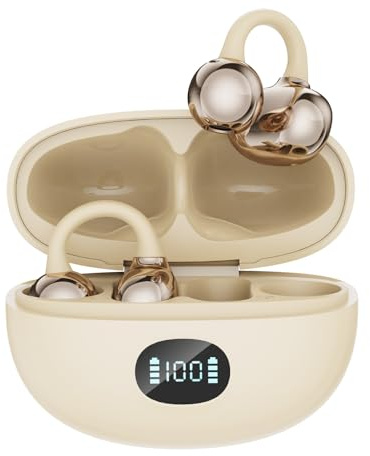 AZJLOOF Écouteurs Bluetooth sans Fil, Open-Ear avec Clip, Léger et Stable Seulement 4.5g, Suppression du Bruit, iOS & Android, IP57, Affichage LED, pour Voyage/Deporte/Études/Running Sport (Blanc)