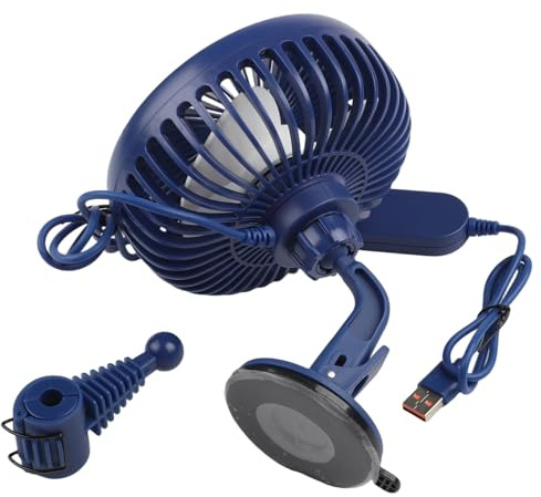 Emiif 12 V/24 V Auto-Ventilator mit 360° Drehung, Drei-Gang-Steuerung, USB-Lade- und Saugnapf-Basis (blau)