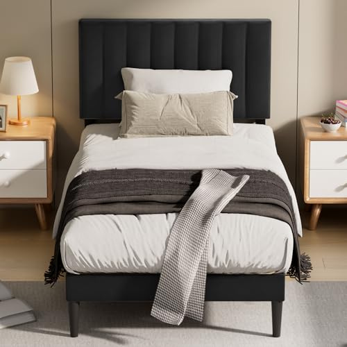 KUTAS Upholstered Bed 90x190 cm, Bed Frame with Adjustable Headboard and Slatted Bed Base, Sturdy Bed Frame, Up to 260 kg, Upholstered Bed, No Box Spring Required, Easy to Assemble, Black
