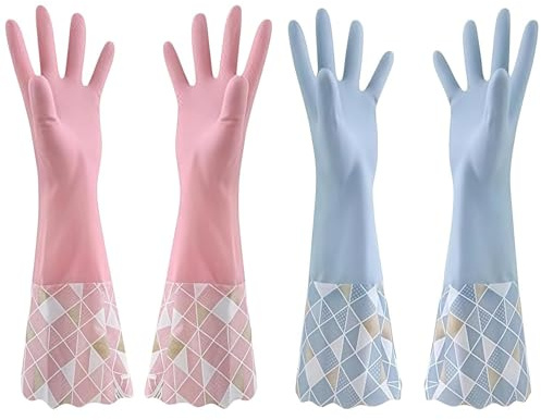 Sumneo Spülhandschuhe Extra Lang & Warm, Haushaltshandschuhe Gefüttert für Reinigung & Geschirrspülen, 2 Paar (Blau & Rosa)