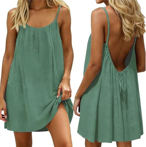 makabaky Robe d'été Femme Dos Nu à Bretelles – Mini Courte Fluide sans Manches – Tenue Décontractée de Vacances pour Plage et Maison – Nouauté 2026