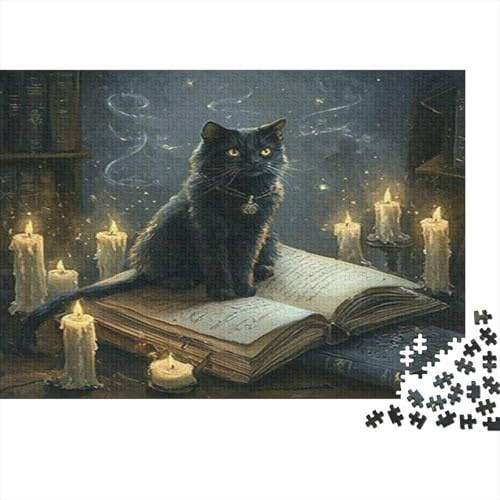 Schwarze Katze 1000 Teile Puzzle Papier für Erwachsene Zauberbuch Puzzle Set Kerzenschein Nacht Familienspiel Entspannung Deko 38x26cm/1000pcs