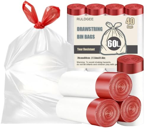 RULDGEE White Bin Liners 60 Litre Bin Bags with Tie Tape Drawstring Handles 40 Counts Strong Rubbish Bags Thick Plastic Trash Bags