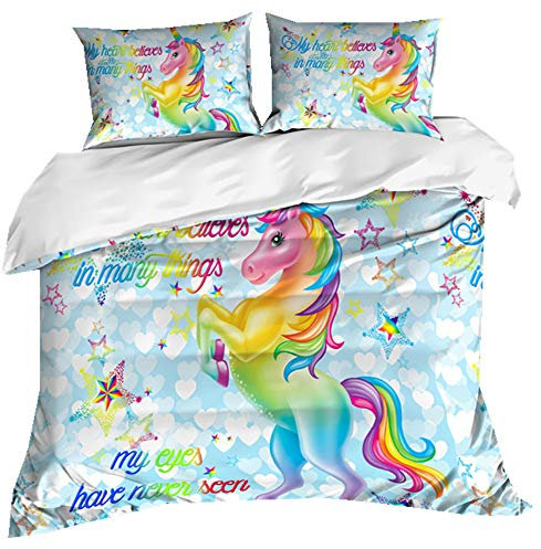 Einhorn Bettwäsche Set Kind Einzelbett 135x200 3D Träumen Regenbogen Einhorn Weißes Pferd Karikatur Muster Bettbezug und Kissenbezug 2 Stück Weich und atmungsaktiv Junge Mädchen Student Jugend